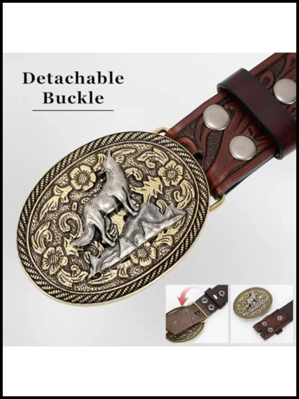 Western Cowboy Belt with Detachable Buckle - Genuine Leather